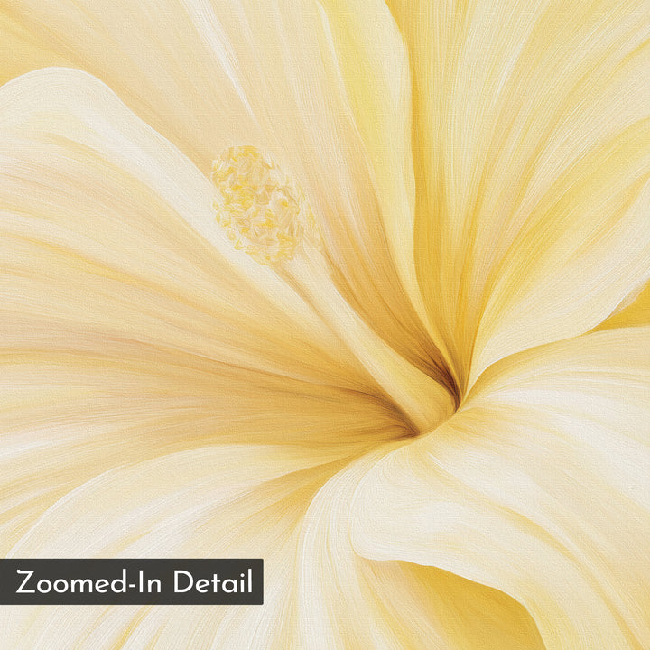 Golden Radiance Canvas Art features a close-up of a soft yellow flower petal with delicate texture and visible stamen. “Zoomed-In Detail” appears in a black box at the bottom left, making it perfect minimalist wall art.