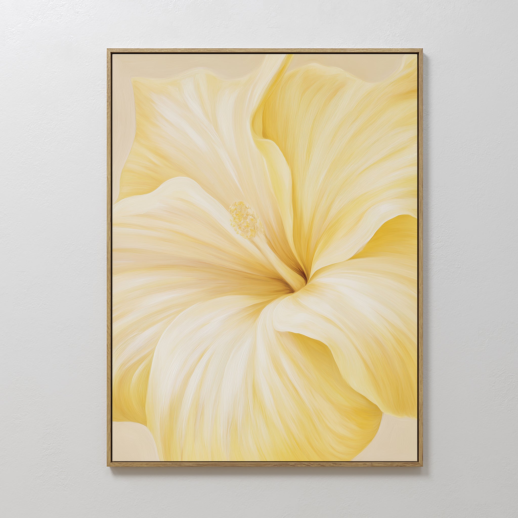 The Golden Radiance Canvas Art features a large, soft yellow flower with delicate petals on a plain white background—ideal minimalist wall art to elevate your bedroom decor.