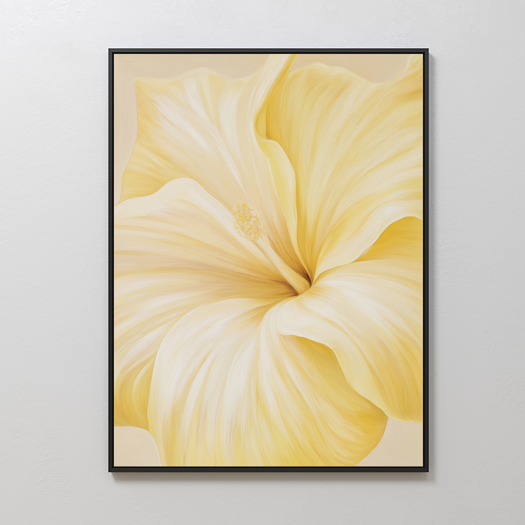 Golden Radiance Canvas Art features a large, soft yellow hibiscus with swirling petals against a plain white backdrop—ideal minimalist wall art to enhance your bedroom decor.