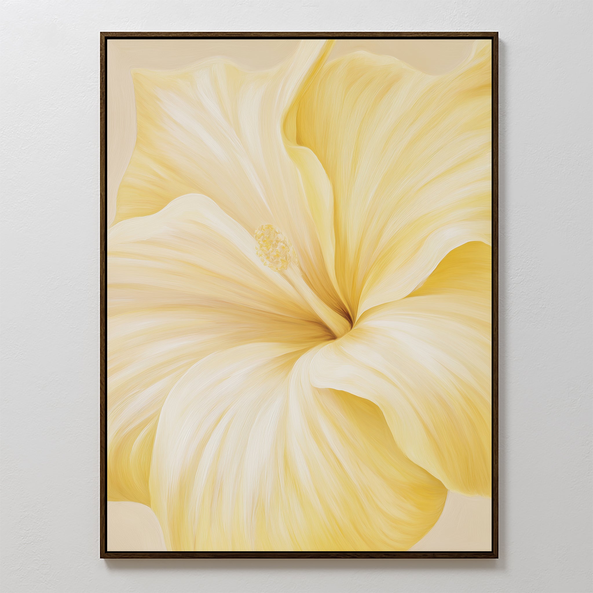 Golden Radiance Canvas Art features a large yellow hibiscus with soft petals on a light background—an ideal minimalist wall art piece for your bedroom decor.