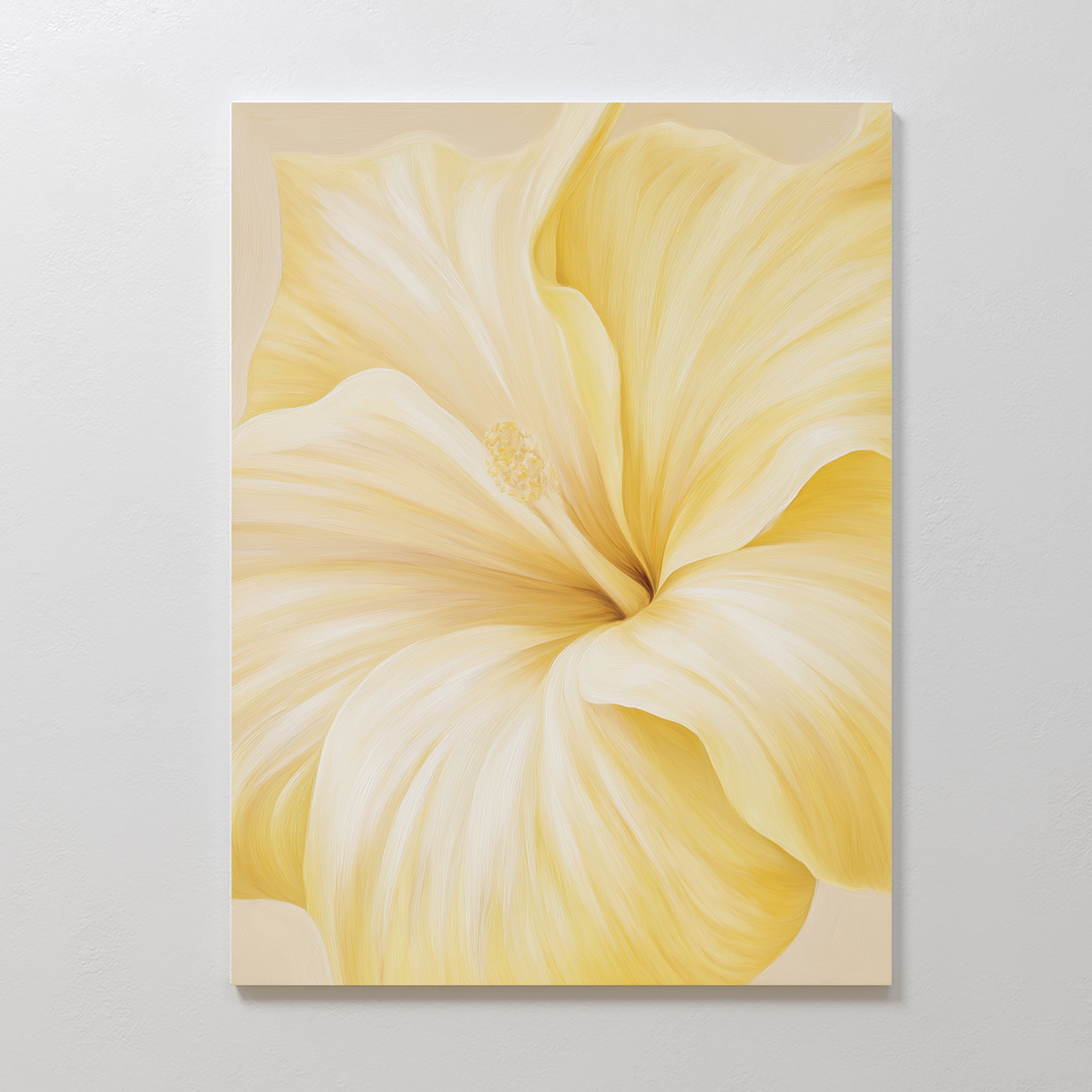 Golden Radiance Canvas Art features a large, soft yellow hibiscus flower with delicate petals and detailed stamen—ideal for bedroom decor or as minimalist wall art against a light neutral background.