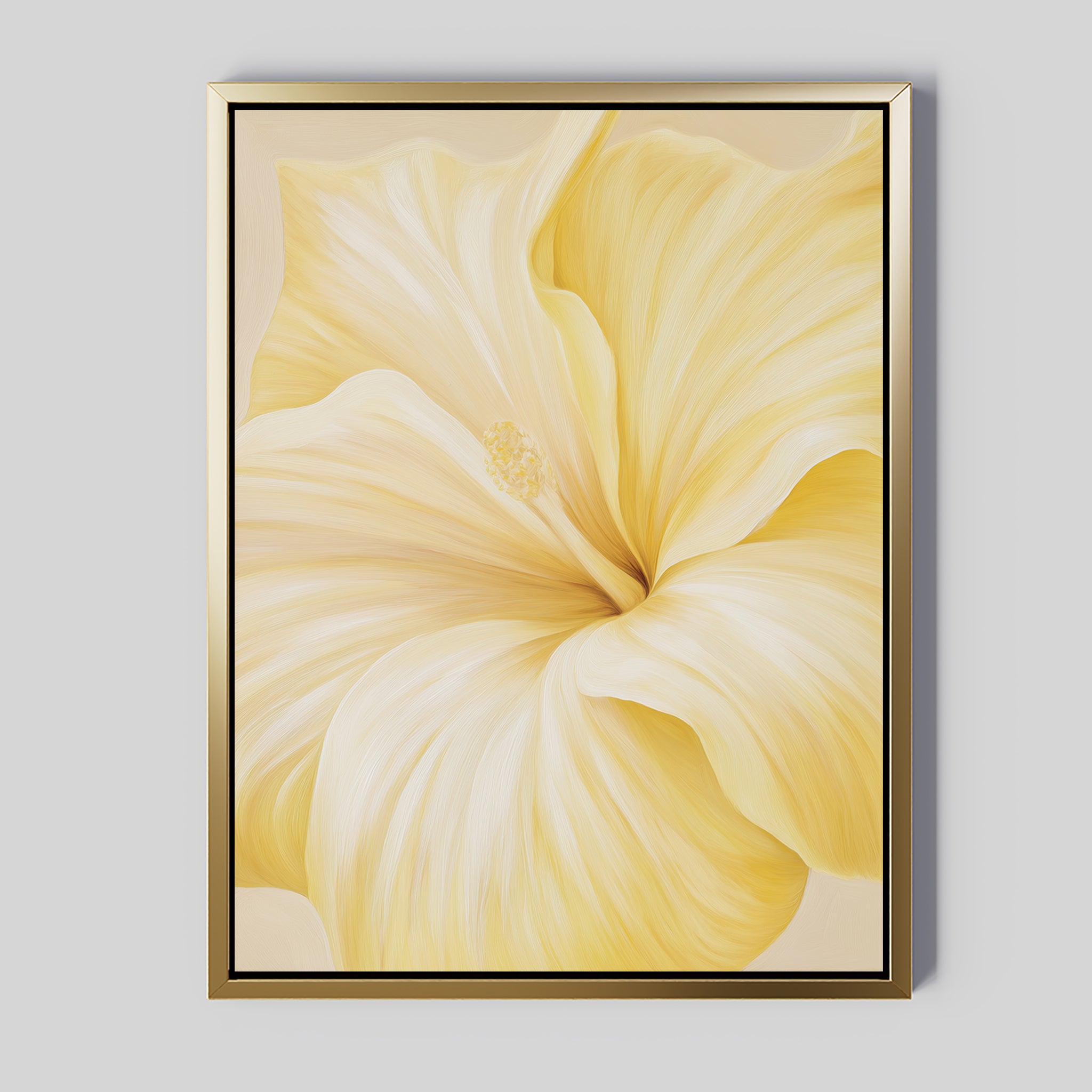 Golden Radiance Canvas Art features a large, soft yellow flower with delicate petals on a light gray background. This minimalist piece comes in a gold frame, making it an elegant addition to sophisticated bedroom decor.