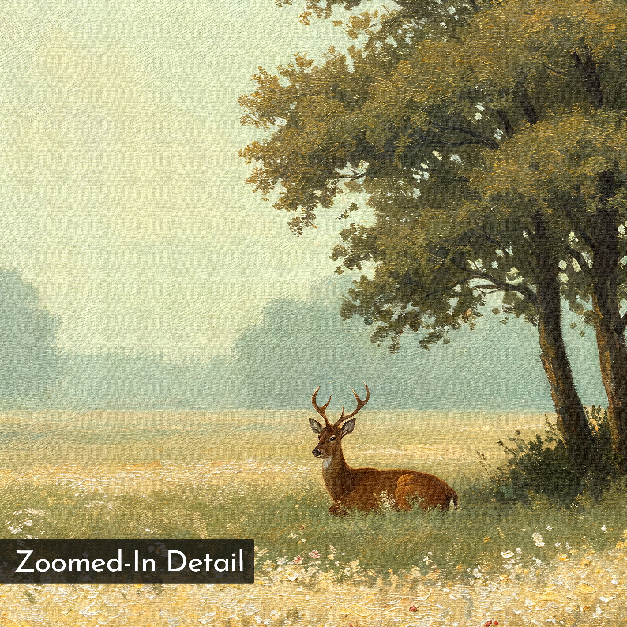 A zoomed-in detail from "Golden Rest Canvas Art" features a deer with antlers relaxing in a sunlit meadow by tall trees—ideal as a wall art print to cozy up any space. "Zoomed-In Detail" appears in the bottom left corner.