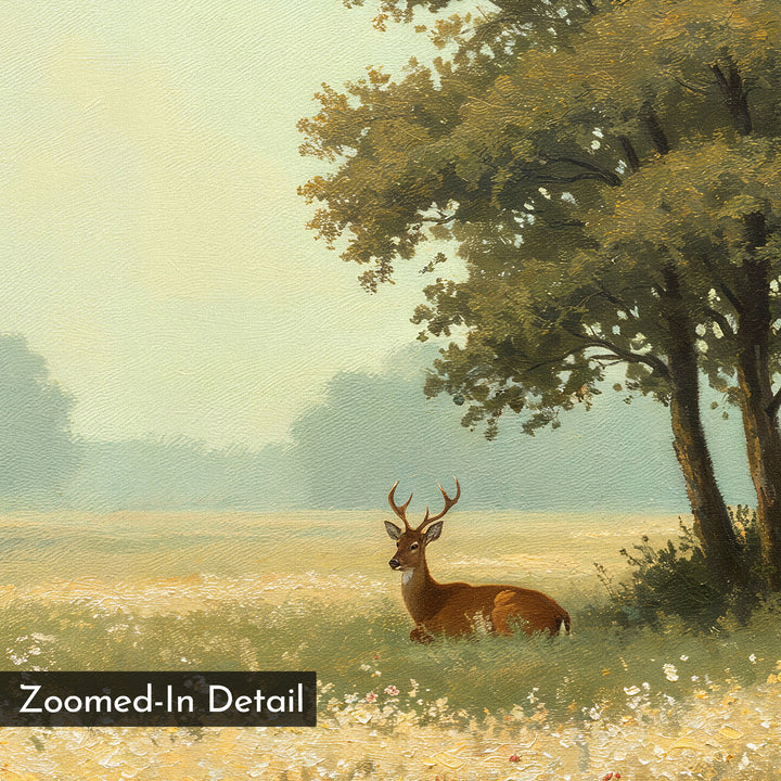 A zoomed-in detail from "Golden Rest Canvas Art" features a deer with antlers relaxing in a sunlit meadow by tall trees—ideal as a wall art print to cozy up any space. "Zoomed-In Detail" appears in the bottom left corner.