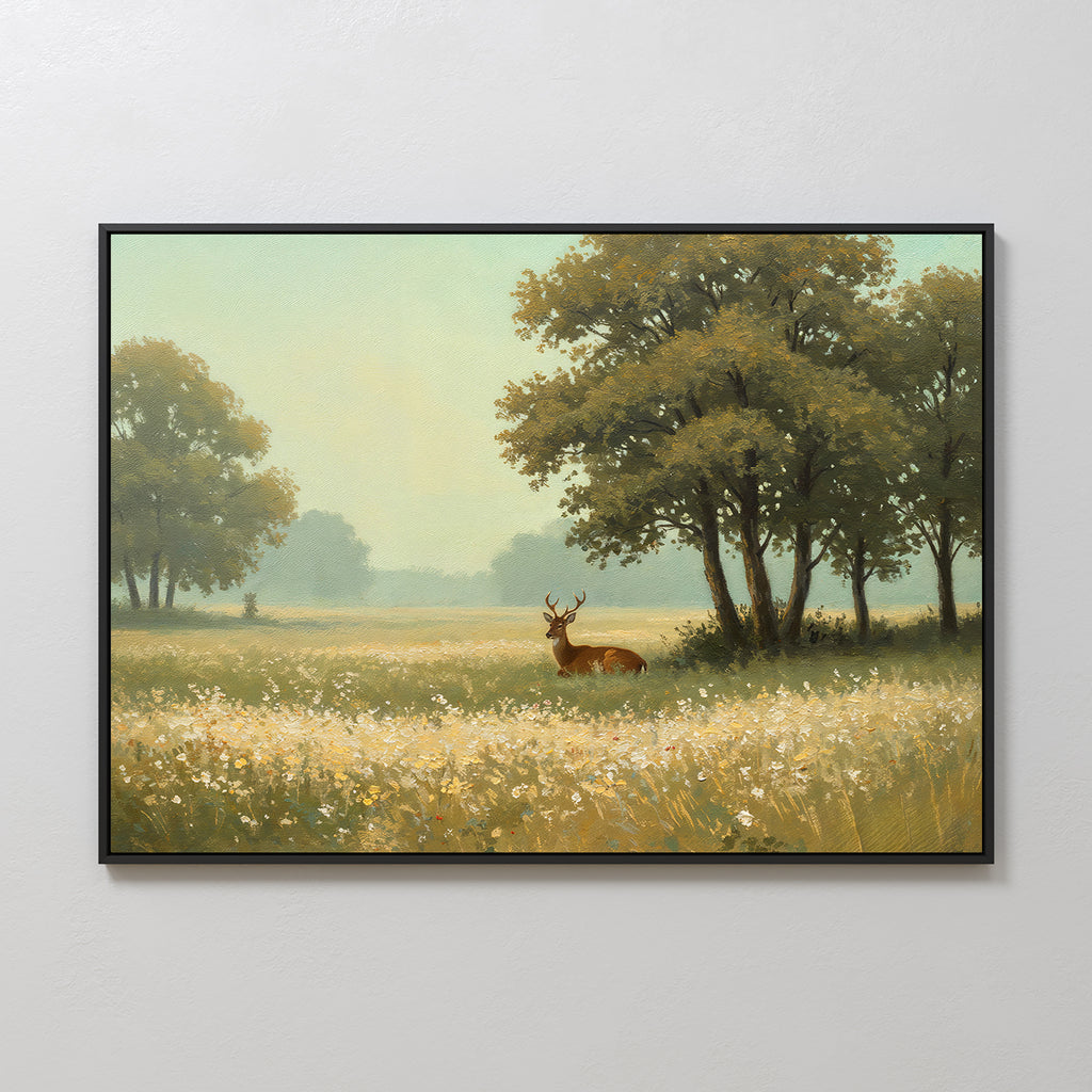 Bring tranquility to your space with the Golden Rest Canvas Art, featuring a deer in a sunlit meadow with wildflowers, large trees, and a hazy sky—an ideal way to add serenity to any cozy room.