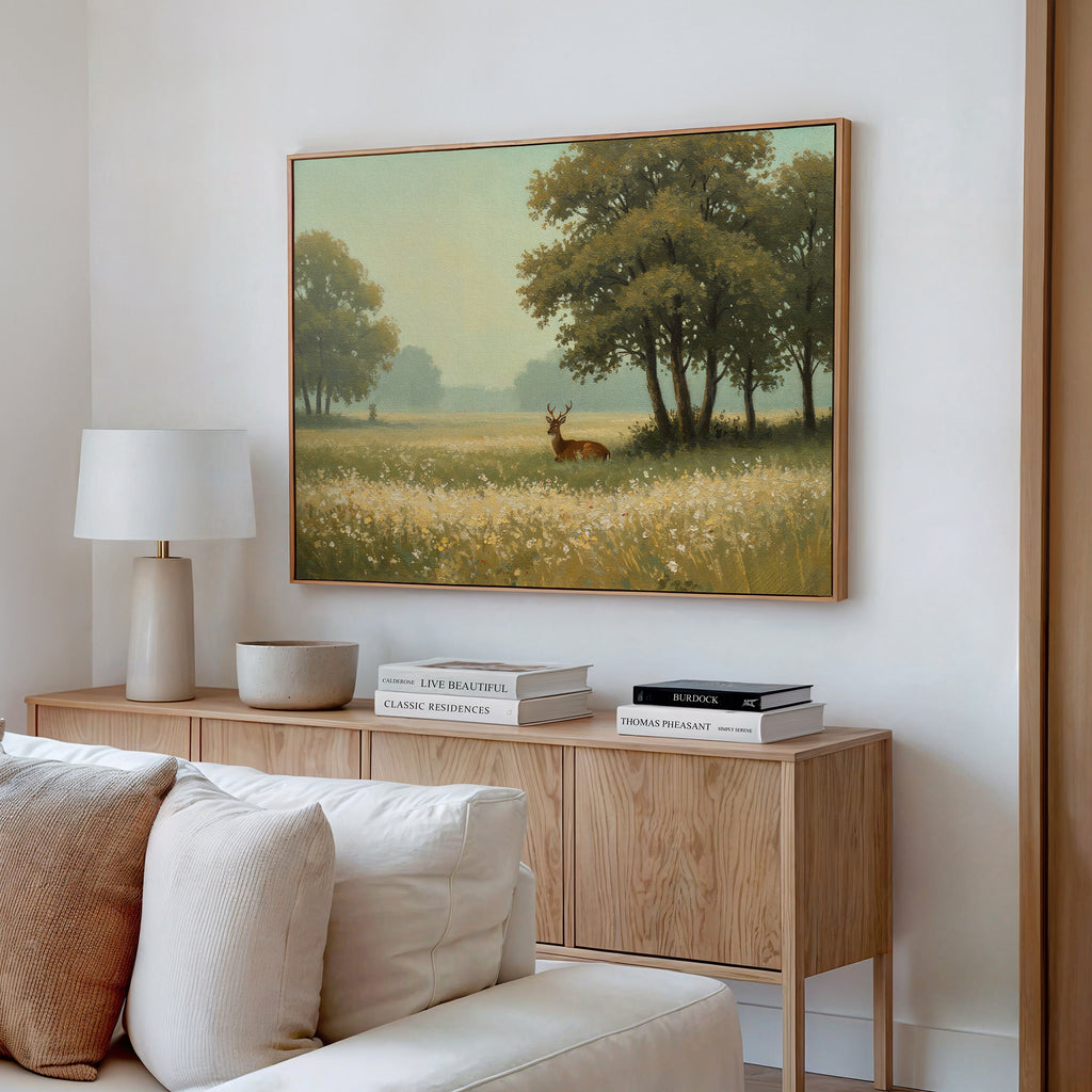 A serene living room features the Golden Rest Canvas Art depicting a deer in a sunlit meadow, above a light wood console with a white lamp and stacked books. A cozy white sofa is partially visible in the foreground.