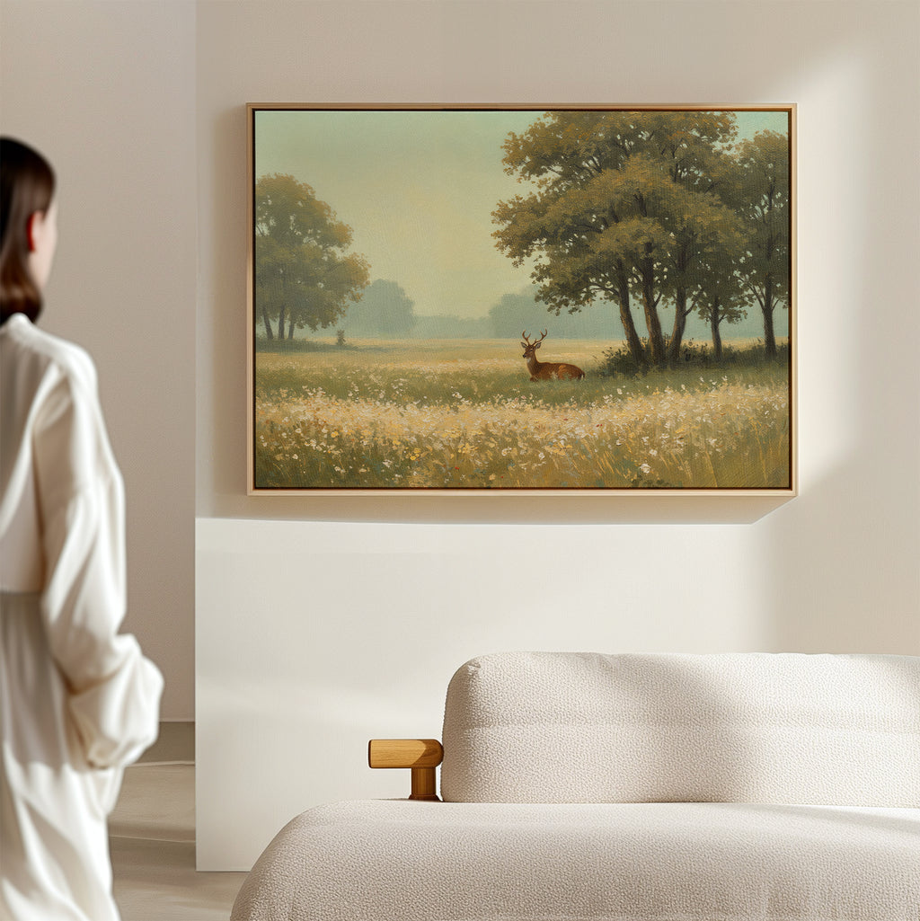 A person in a light robe stands in a modern, minimal room, enjoying a serene moment while admiring the Golden Rest Canvas Art, which hangs above a beige upholstered sofa.