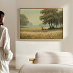 A person in a light robe stands in a modern, minimal room, enjoying a serene moment while admiring the Golden Rest Canvas Art, which hangs above a beige upholstered sofa.