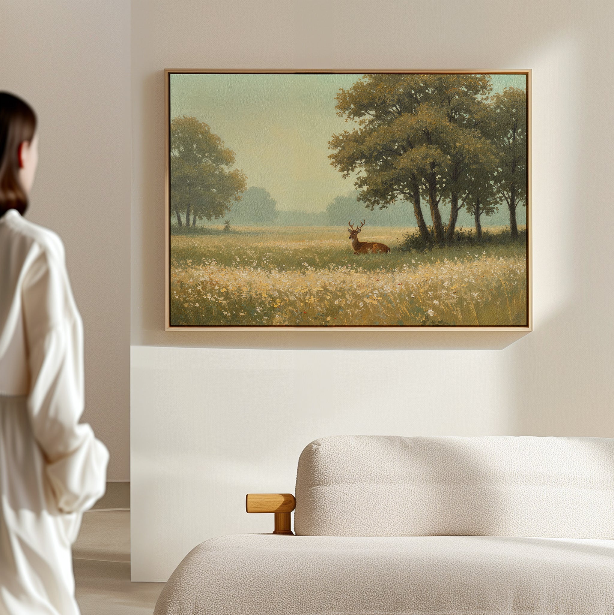 A person in a light robe stands in a modern, minimal room, enjoying a serene moment while admiring the Golden Rest Canvas Art, which hangs above a beige upholstered sofa.