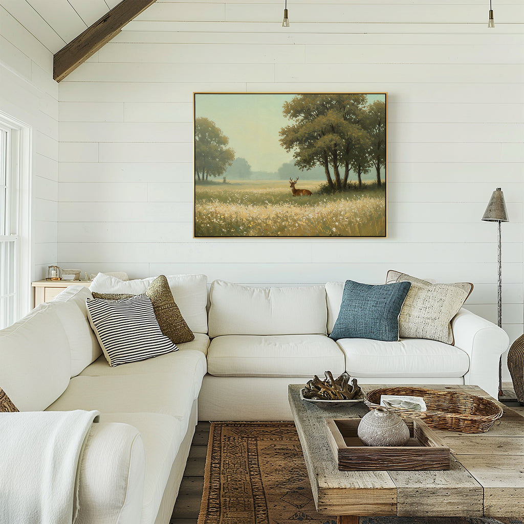 A cozy living room with a white sectional, assorted pillows, a rustic wooden coffee table, and the Golden Rest Canvas Art of trees and a deer above the sofa—perfect for fans of inviting, comfortable interiors.