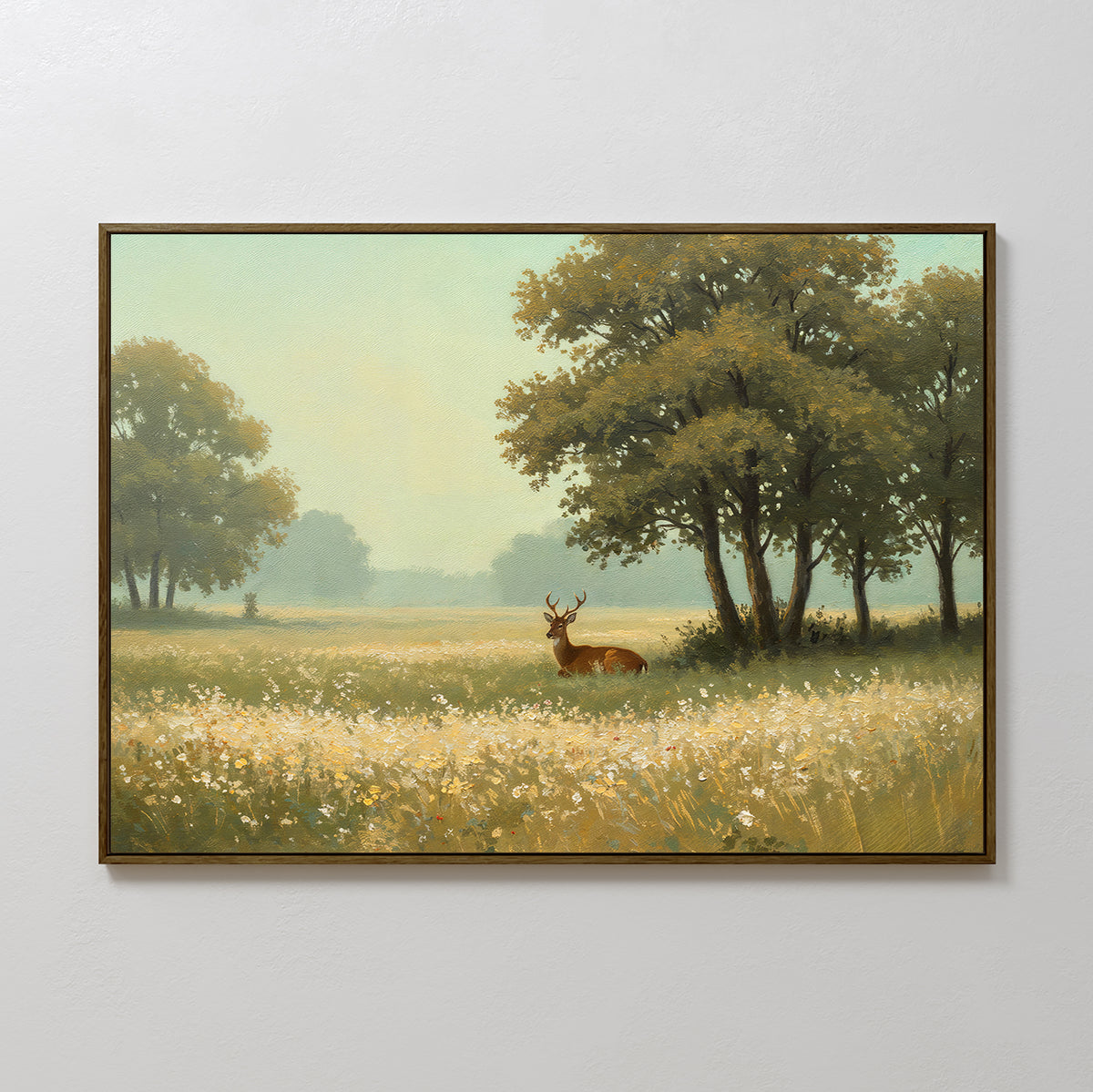 The Golden Rest Canvas Art features a deer standing in a sunlit meadow with wildflowers and green trees beneath a soft, cloudy sky—perfect for adding serenity to your cozy interiors.