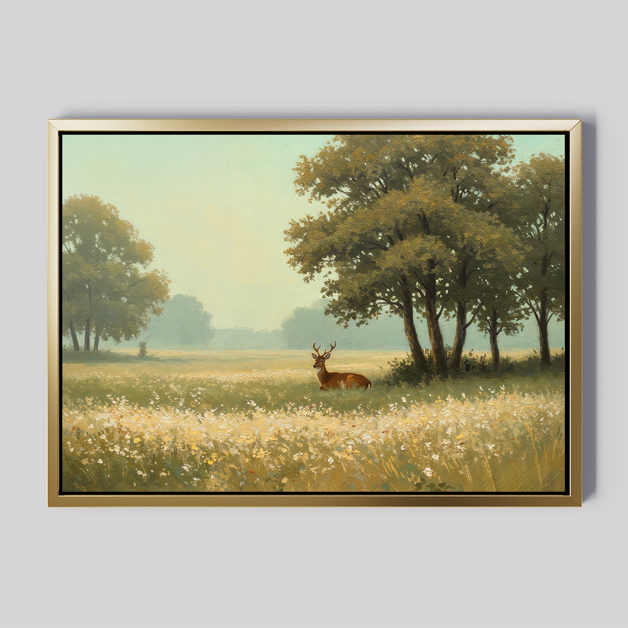 Bring serenity to your space with the Golden Rest Canvas Art—a framed wall print featuring a deer in a sunlit wildflower meadow beneath tall trees and a pale sky, perfect for cozy interiors.