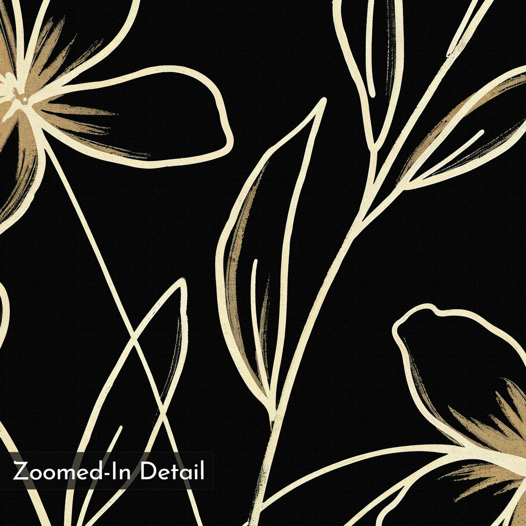 A zoomed-in detail of the Golden Stems Canvas Art shows beige and light brown outlined flowers and leaves on a black background. "Zoomed-In Detail" appears in the corner, ideal for modern decor.