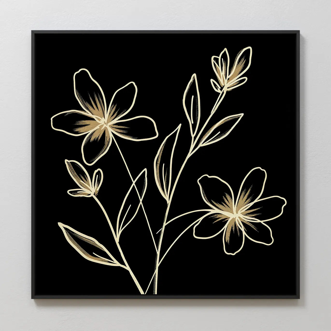Golden Stems Canvas Art features two gold-outlined flowers with leaves on slender stems, set against a solid black background in a slim black frame. This minimalist piece adds simple elegance to any modern decor.