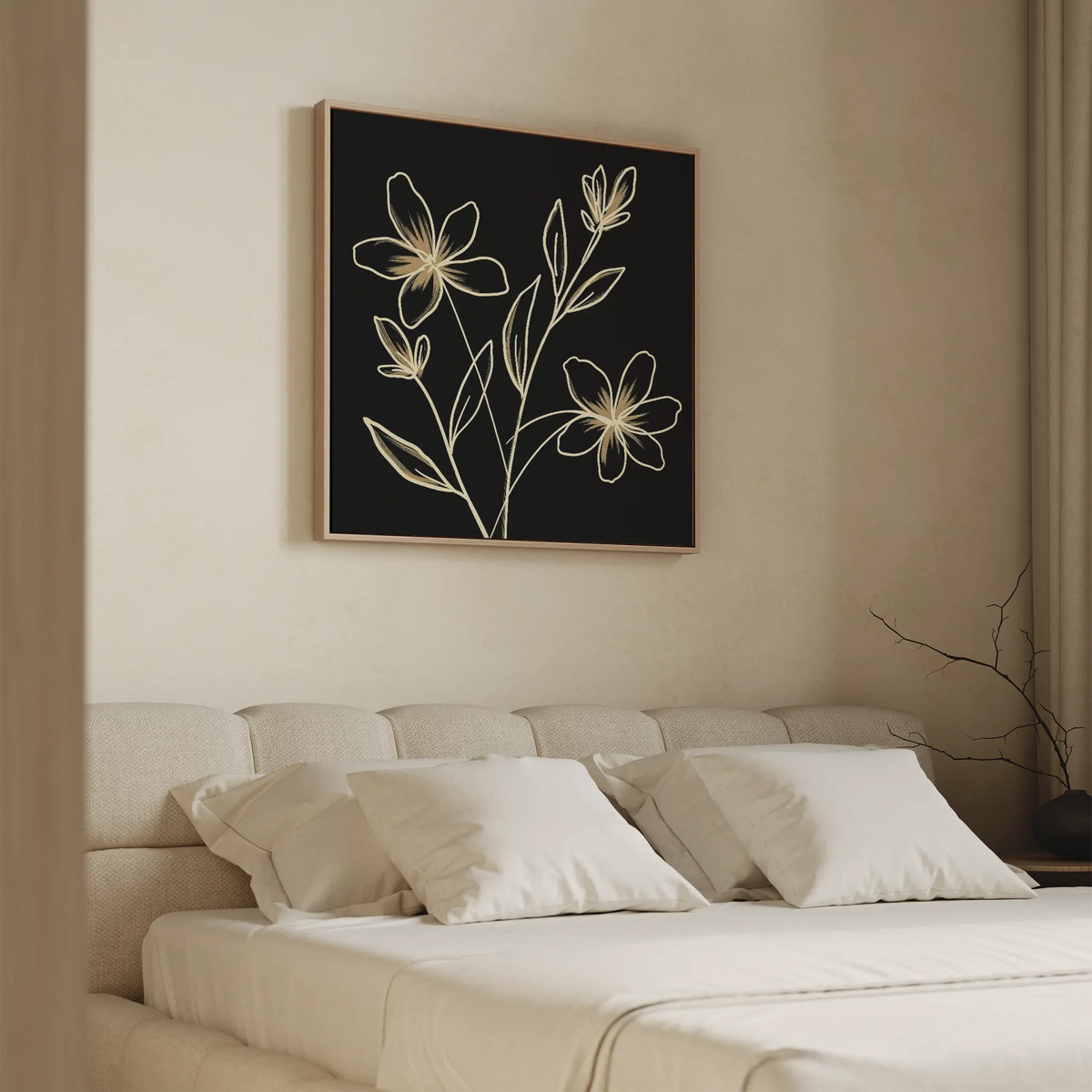 A minimalistic bedroom with a beige upholstered bed and white bedding, featuring Golden Stems Canvas Art above the bed—a modern framed piece with gold line-drawn flowers, perfect for minimalist wall decor.