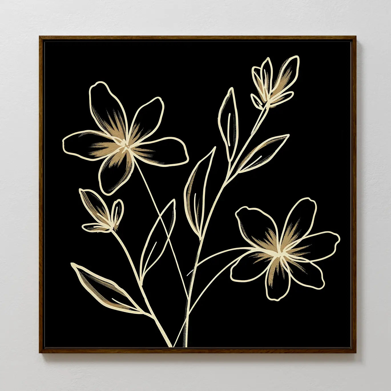 Golden Stems Canvas Art features two large and three small gold-outlined flowers with leaves on black, framed in a slim brown frame—an elegant minimalist accent for modern decor.