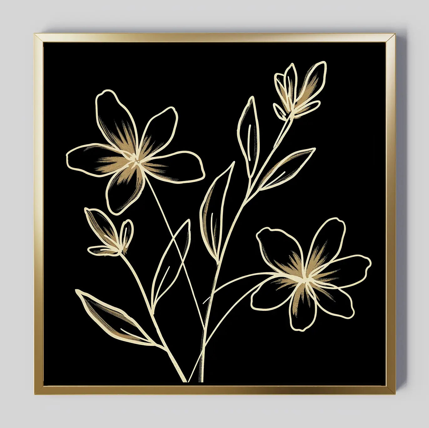 Golden Stems Canvas Art features minimalist gold line art of blooming flowers and leaves on a black background, framed in a thin gold frame—an ideal choice for modern decor.