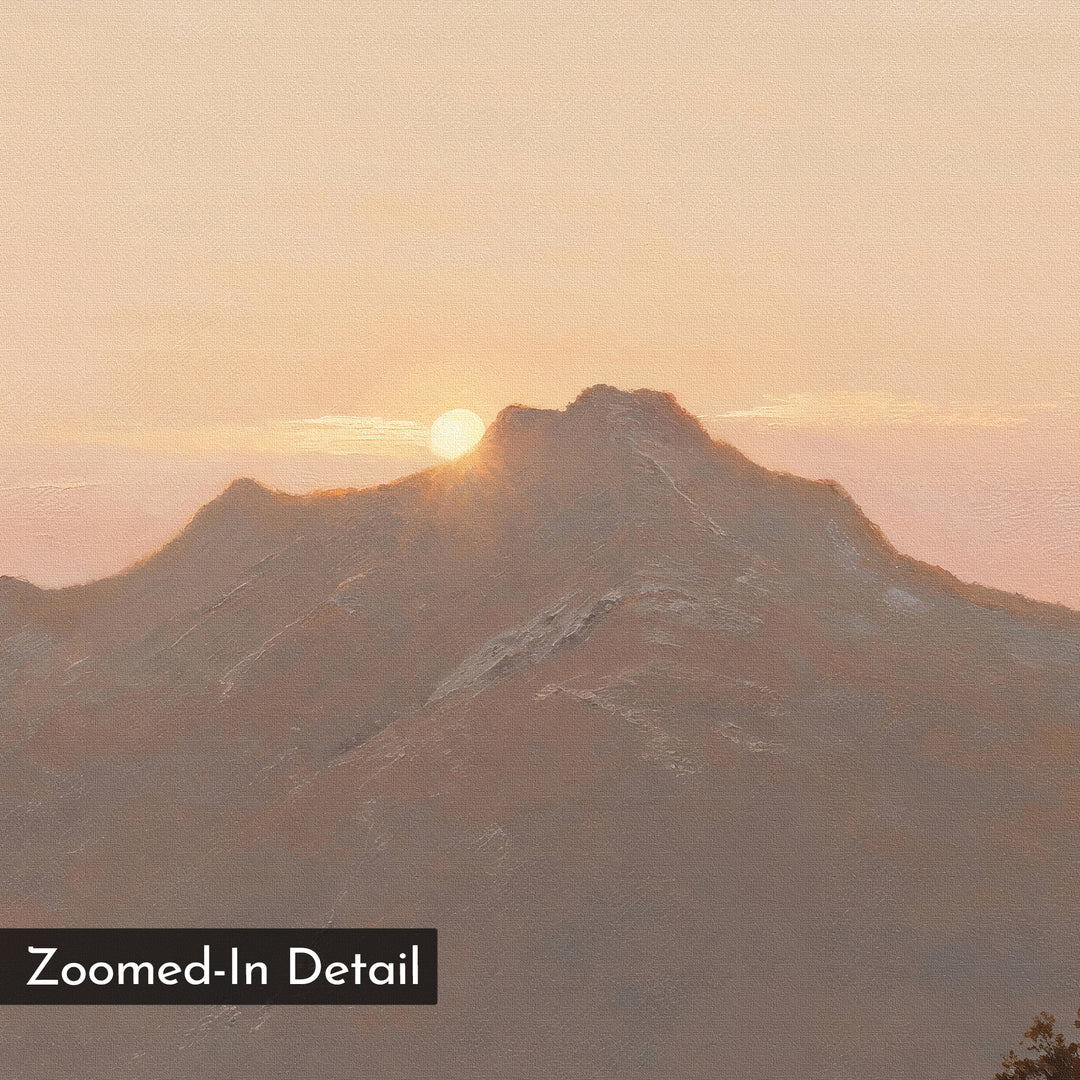 Golden Summit Canvas Art features a soft, pastel mountain landscape with the sun rising or setting, casting warm light across the sky. "Zoomed-In Detail" appears in the lower left corner.