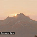 Golden Summit Canvas Art features a soft, pastel mountain landscape with the sun rising or setting, casting warm light across the sky. "Zoomed-In Detail" appears in the lower left corner.