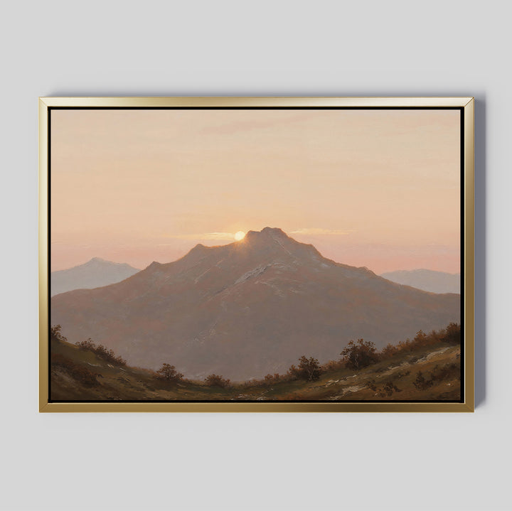 Golden Summit Canvas Art features a mountain at sunset with a pastel sky and rolling hills on a light gray background—an elegant choice to enhance your living room or bedroom decor.
