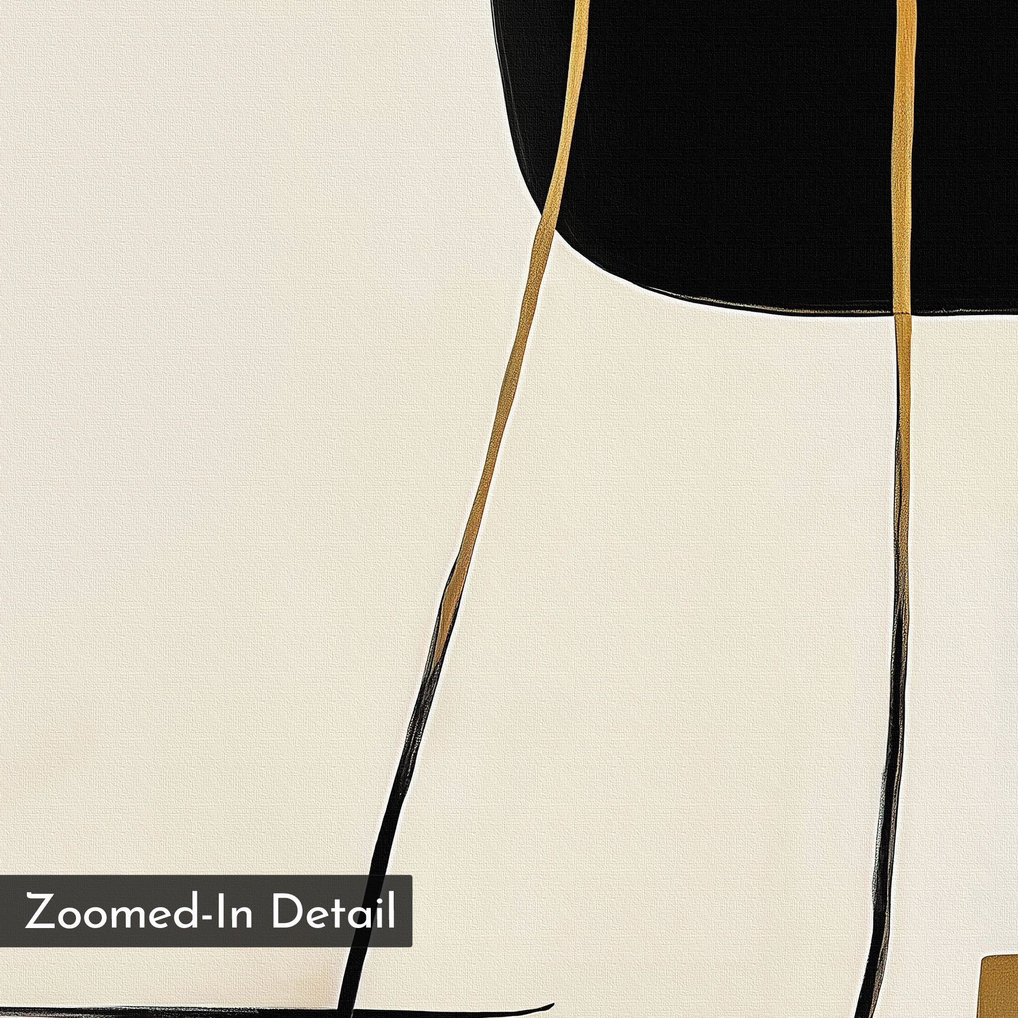 Golden Thread Canvas Art displays a cream background with gold and black vertical lines and a bold black shape at the top. Its golden tones and minimalist design stand out. "Zoomed-In Detail" is shown in the bottom left corner.