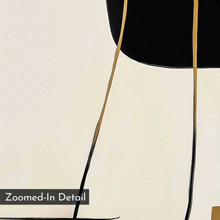 Golden Thread Canvas Art displays a cream background with gold and black vertical lines and a bold black shape at the top. Its golden tones and minimalist design stand out. "Zoomed-In Detail" is shown in the bottom left corner.