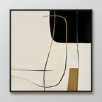 Golden Thread Canvas Art features black, beige, and brown blocks with curved black and gold lines on a light background—a stunning modern abstract piece ideal for Nordic Park-inspired minimalist decor.