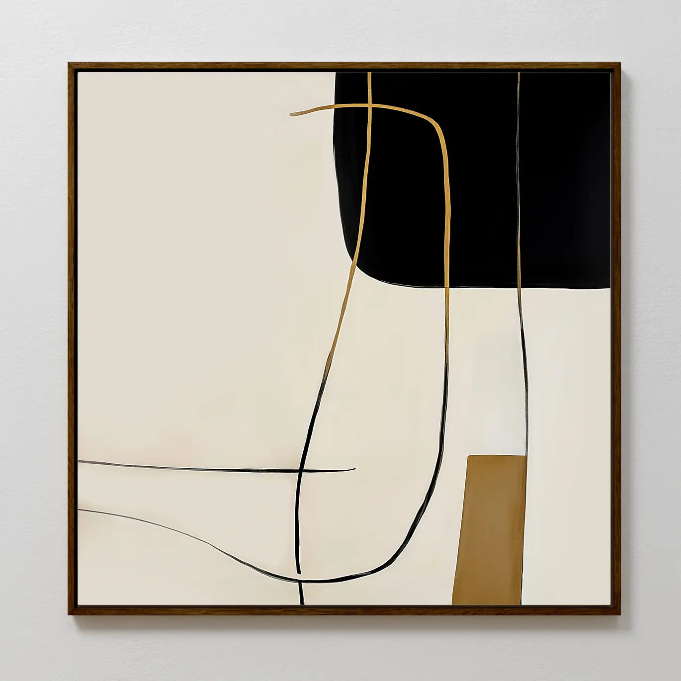 Golden Thread Canvas Art: A minimalist abstract painting with black, gold, and beige lines on a cream background, accented by bold black and brown geometric shapes in a thin dark wood frame—ideal for modern wall art lovers.