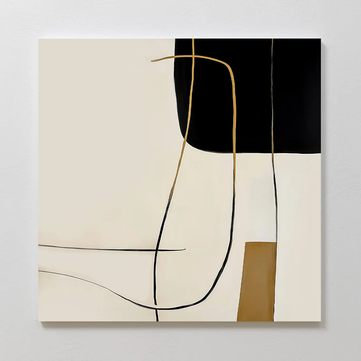 Golden Thread Canvas Art features a black rectangle in the upper right, intersected by delicate curved black and brown lines plus a brown vertical block on a light beige background—ideal for minimalist decor.