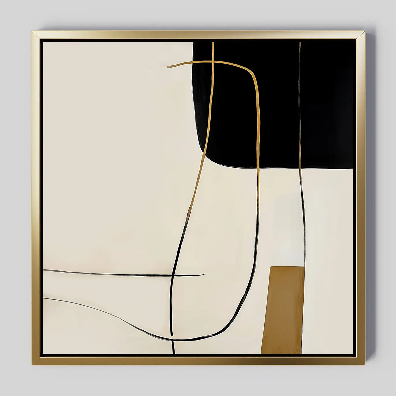 Golden Thread Canvas Art features black, beige, and gold geometric shapes with thin curving lines on a cream background. This modern abstract wall art in a gold frame adds minimalist style to any space.