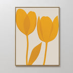 Golden Tulips Abstract Canvas Art showcases two golden tulips and a single leaf on a light background in a slender wooden frame—an ideal modern accent for your living room with its minimalist shapes and bold colors.