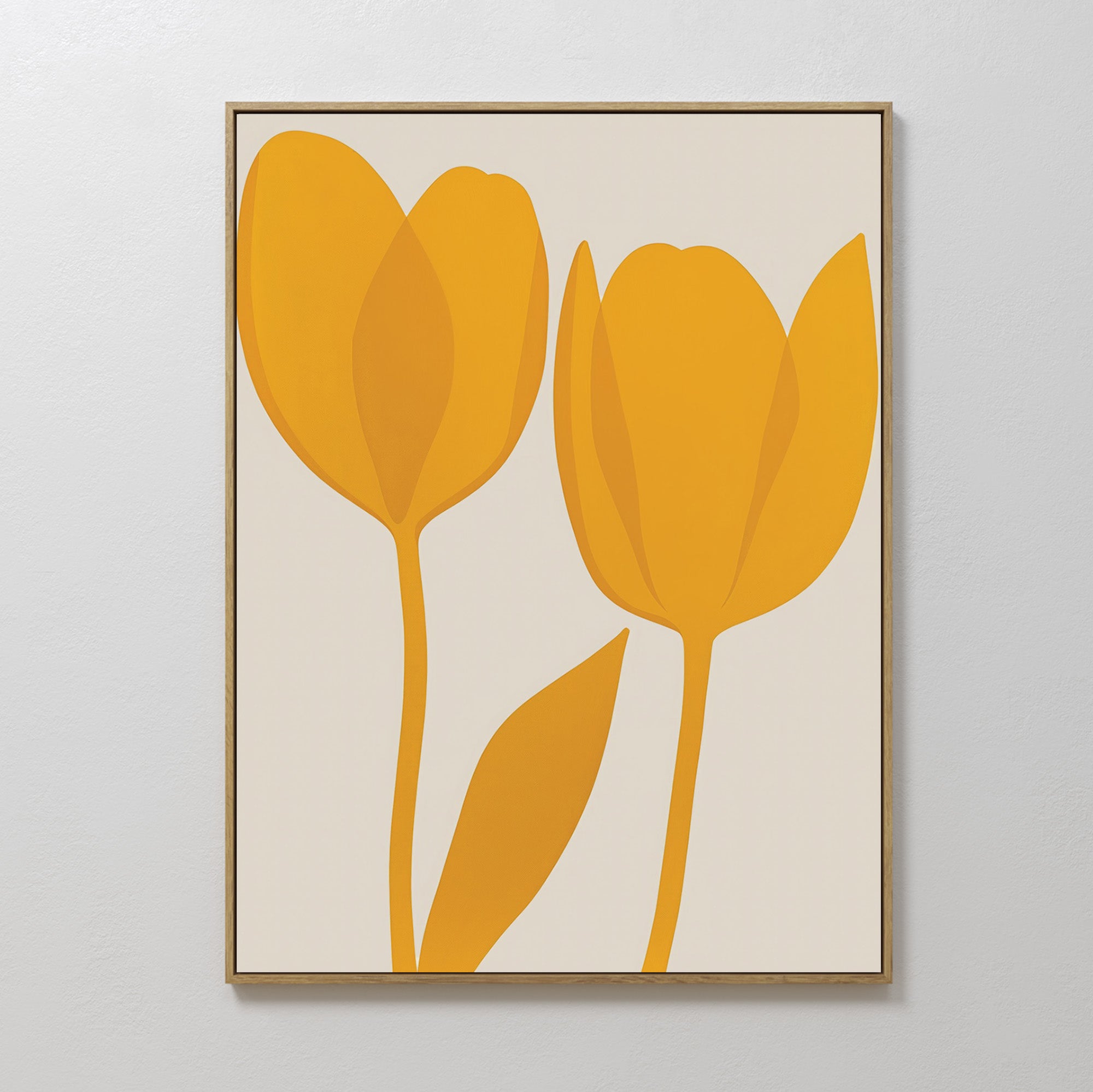 Golden Tulips Abstract Canvas Art showcases two golden tulips and a single leaf on a light background in a slender wooden frame—an ideal modern accent for your living room with its minimalist shapes and bold colors.