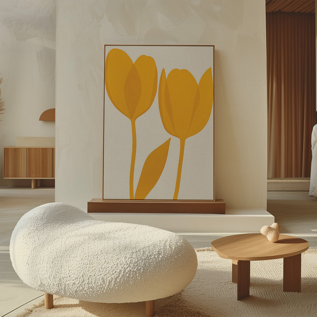 A modern living room features a textured white lounge chair, small wooden table, and the Golden Tulips Abstract Canvas Art on a minimalist neutral wall—ideal for sophisticated living room decor.