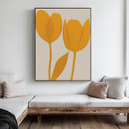 Minimalist living room with a wooden bench, light cushions, and the Golden Tulips Abstract Canvas Art—two large stylized blooms on a neutral background—adds refined, modern decor to your space.