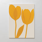 Golden Tulips Abstract Canvas Art features two golden tulips with a single leaf on a light beige background. Simple lines and solid colors create a minimalist look, making it perfect decor for your living room.