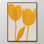 Golden Tulips Abstract Canvas Art showcases two golden tulips with a single leaf on a white background, outlined in brown. Its bold, minimalist shapes and clean lines make it ideal living room decor in a sleek, thin frame.
