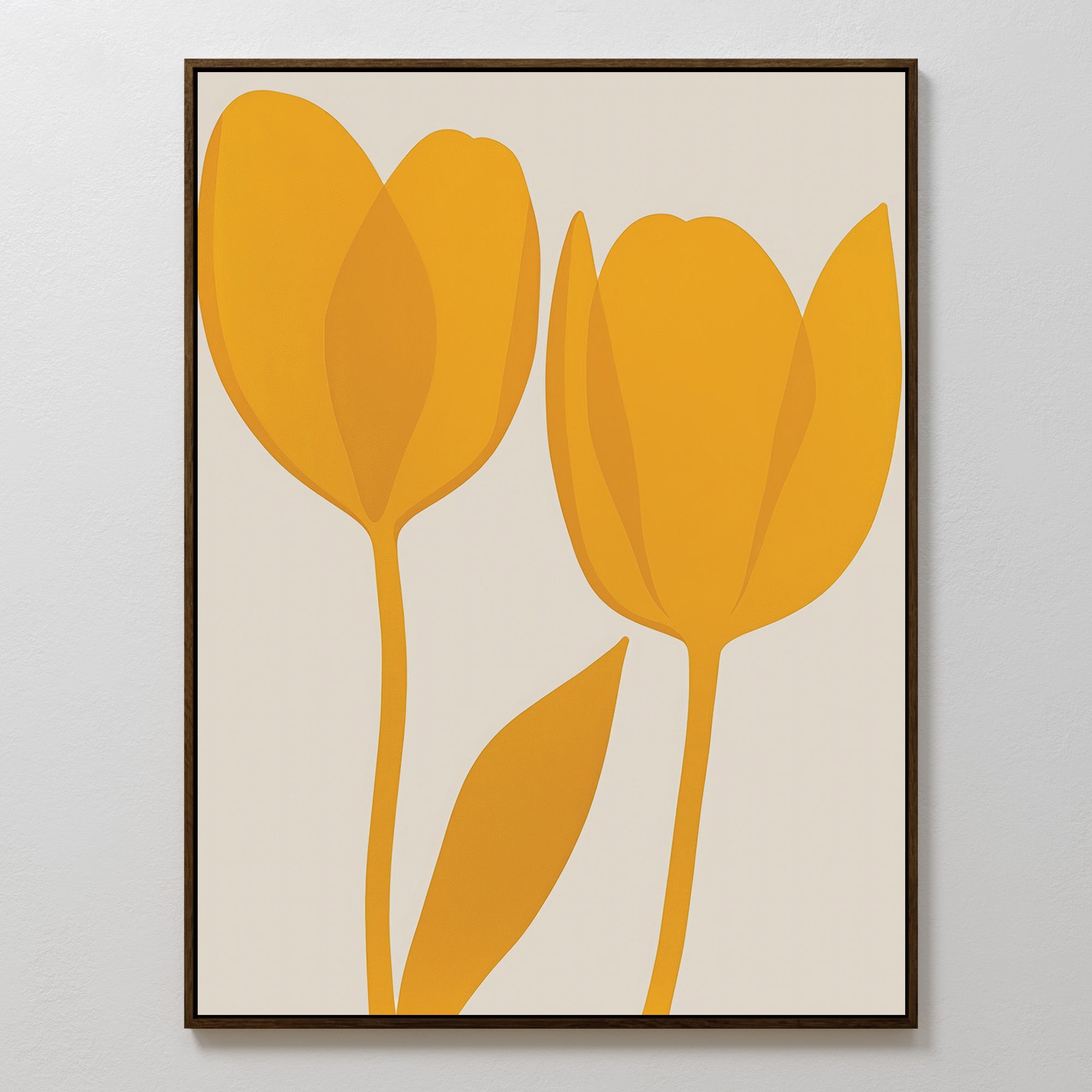 Golden Tulips Abstract Canvas Art showcases two golden tulips with a single leaf on a white background, outlined in brown. Its bold, minimalist shapes and clean lines make it ideal living room decor in a sleek, thin frame.