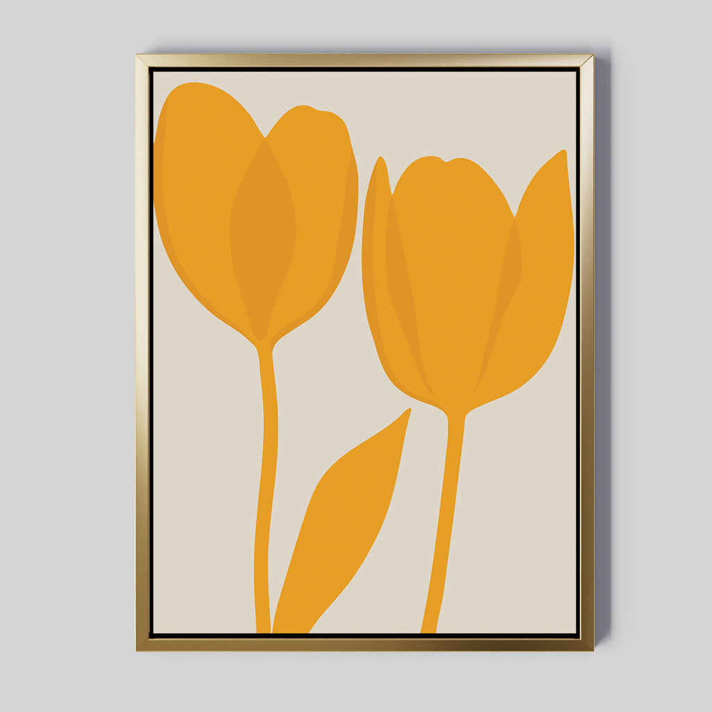 Golden Tulips Abstract Canvas Art features two orange tulip flowers with a single leaf and simple shapes on a light background, framed in thin gold. A minimalist wall art print, it’s perfect for modern living room decor.