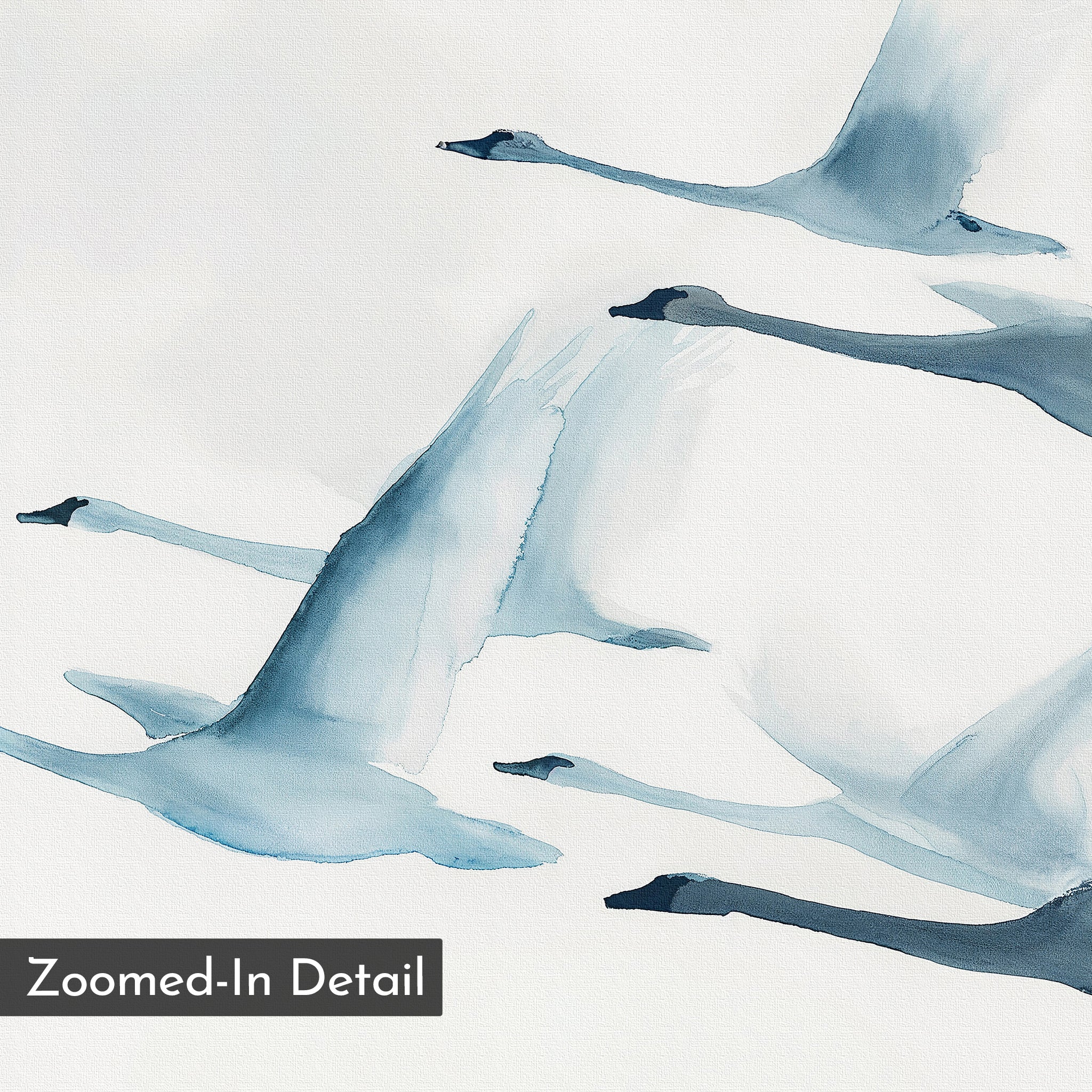 Graceful Flock Canvas Art features watercolor swans in flight on a white background, perfect for modern wall decor. "Zoomed-In Detail" is highlighted in a dark box at the lower left corner of the print.