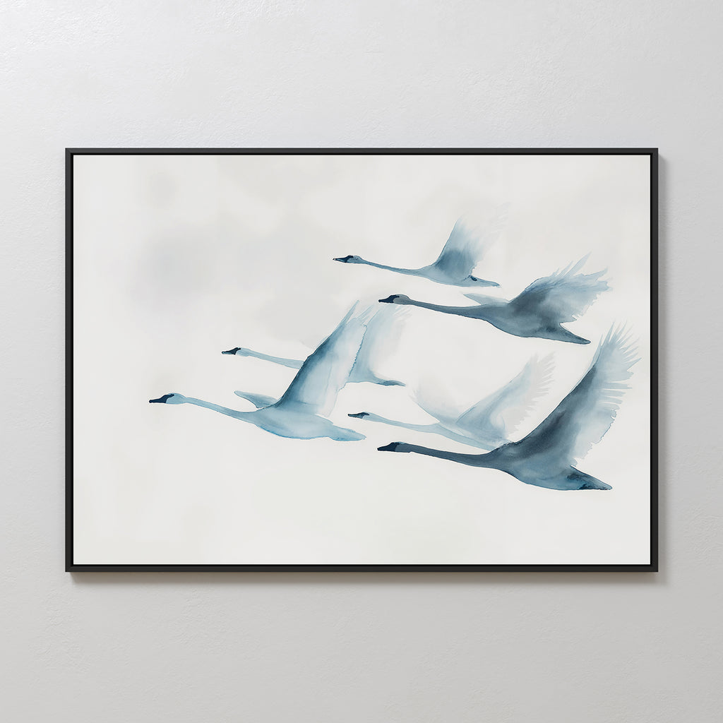 The Graceful Flock Canvas Art features six swans in flight against a gentle background, bringing serene Nordic style and modern nature decor to any plain white wall.