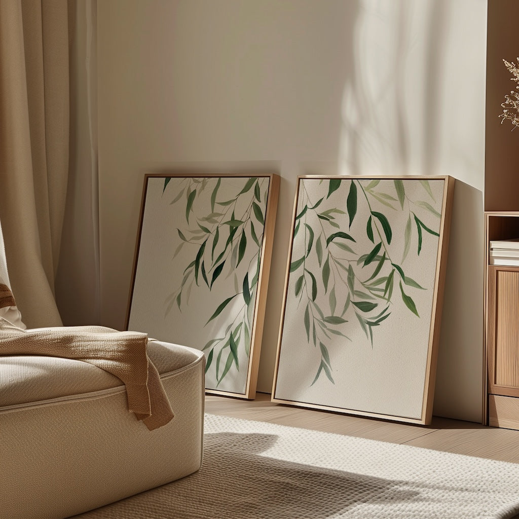 The Graceful Leaves Set of 2 framed wall art, featuring green leafy designs, rests against a beige wall in a sunlit, minimalist room. A cozy armchair with a tan throw blanket nearby enhances the serene living room decor.
