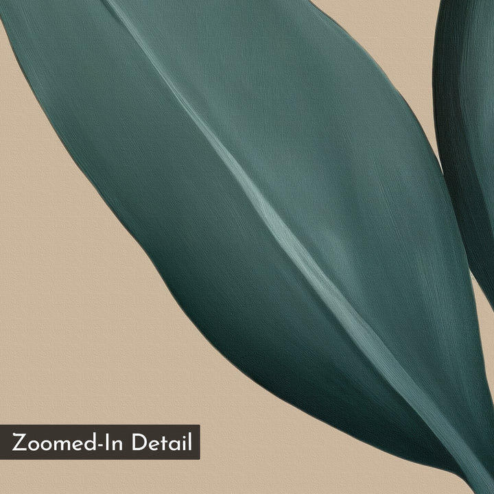 A close-up of two dark green leaves with rich texture appears on a beige background. The label “Zoomed-In Detail” is in the lower left. Ideal for fans of minimalist decor, Green Elegance Abstract Canvas Art elevates any wall space.