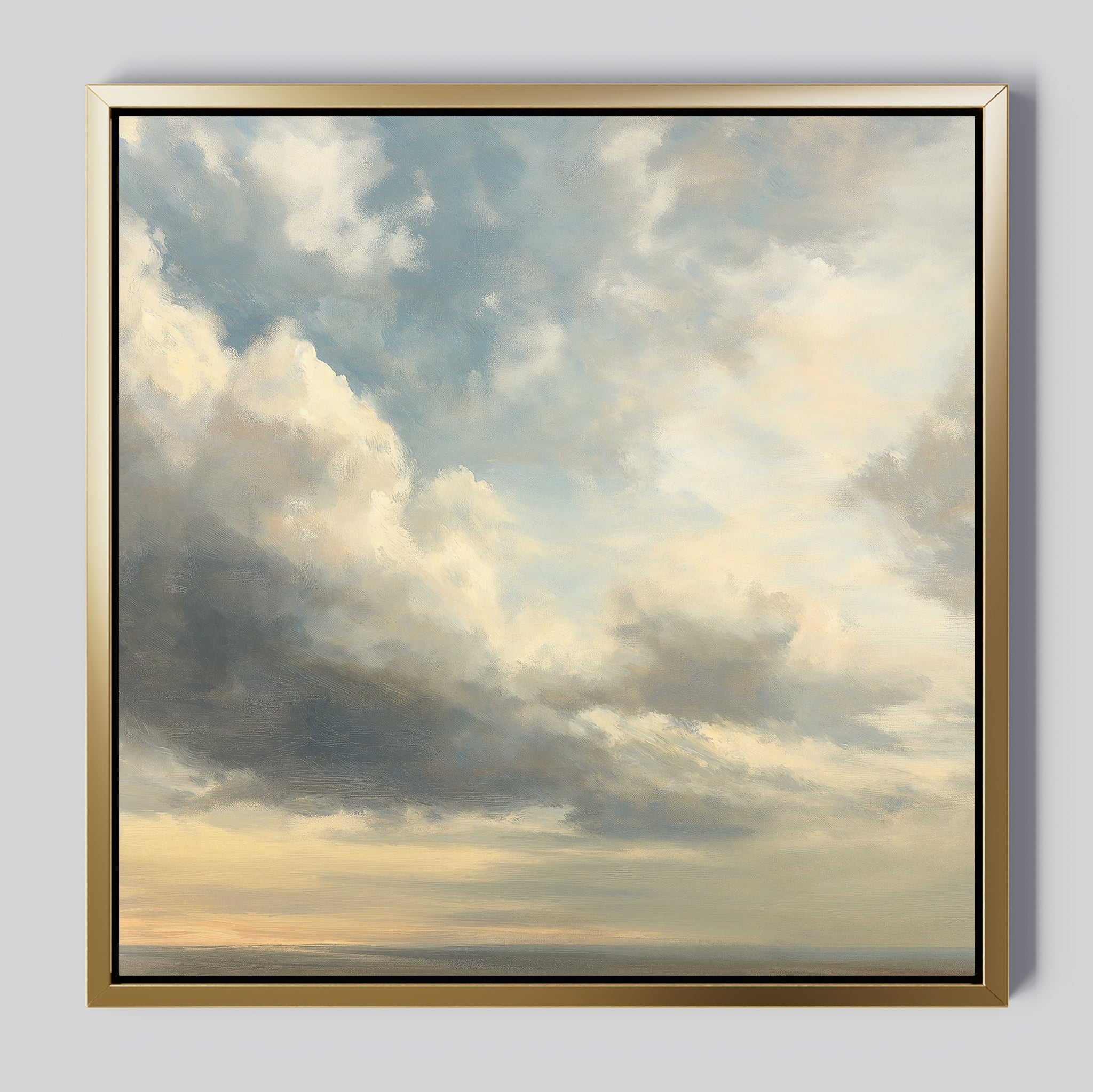 The Heavenly Drift Canvas Art features soft, billowing clouds in white, gray, and pale yellow—perfect for bringing a tranquil touch to a serene living room or complementing vintage decor.