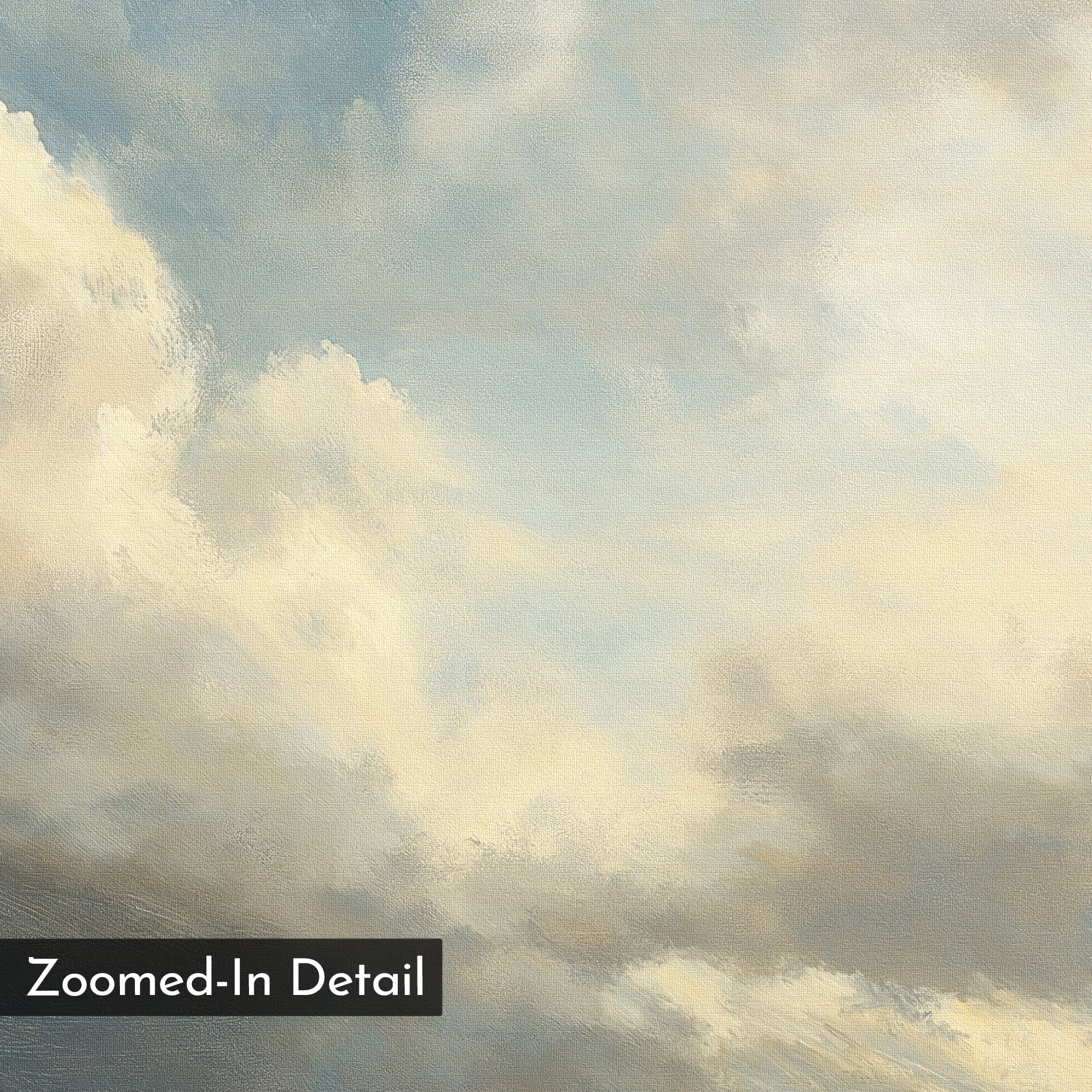 A close-up of "Heavenly Drift Canvas Art" reveals soft, fluffy clouds in a light blue sky with sunlit highlights. Serene and perfect for wall decor, a label in the corner reads: Zoomed-In Detail.