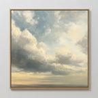 Heavenly Drift Canvas Art features soft, billowy blue, white, and gray clouds illuminated by gentle sunlight on a plain white wall—ideal for adding serenity to your living room or enhancing vintage decor.