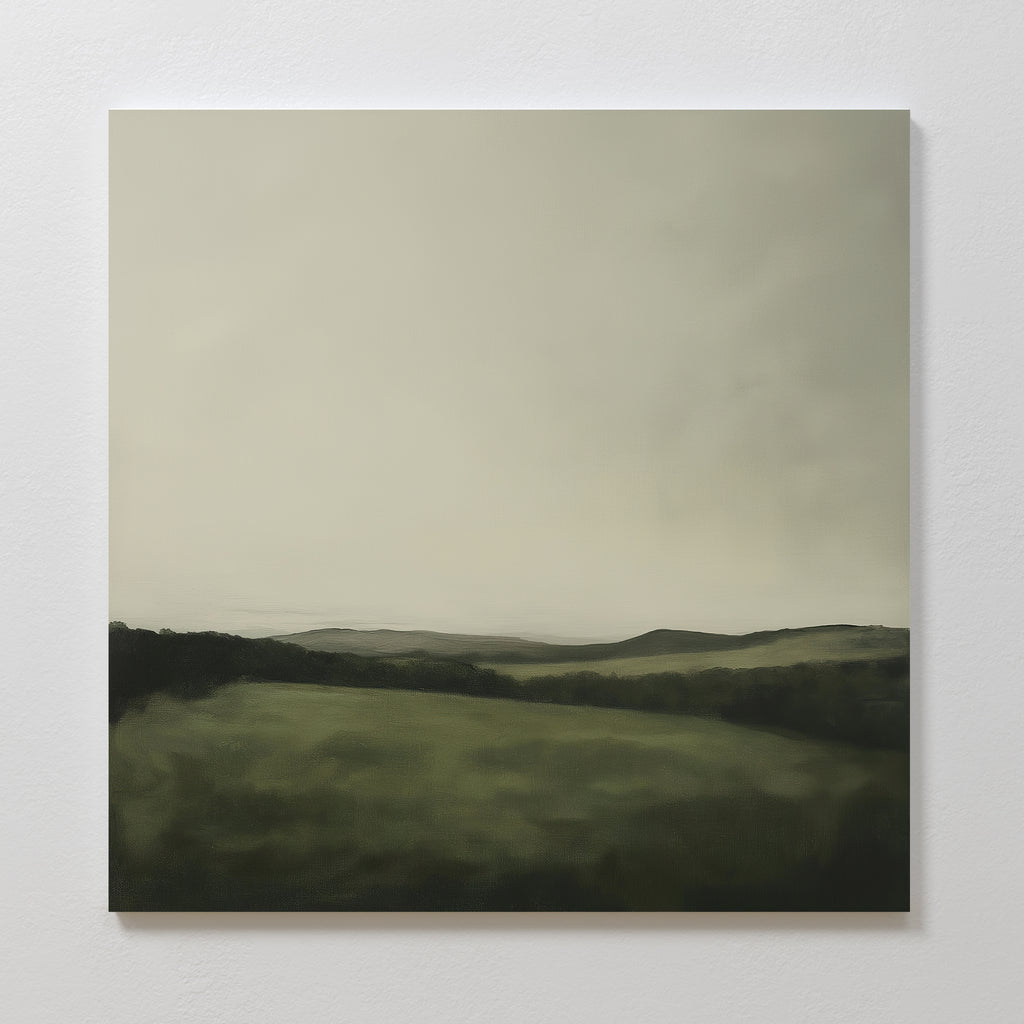 The Hills at Dusk Canvas Art features a serene, misty landscape with soft green fields and distant rolling hills beneath a gray sky—perfect minimalist wall art print to create calming living room decor.