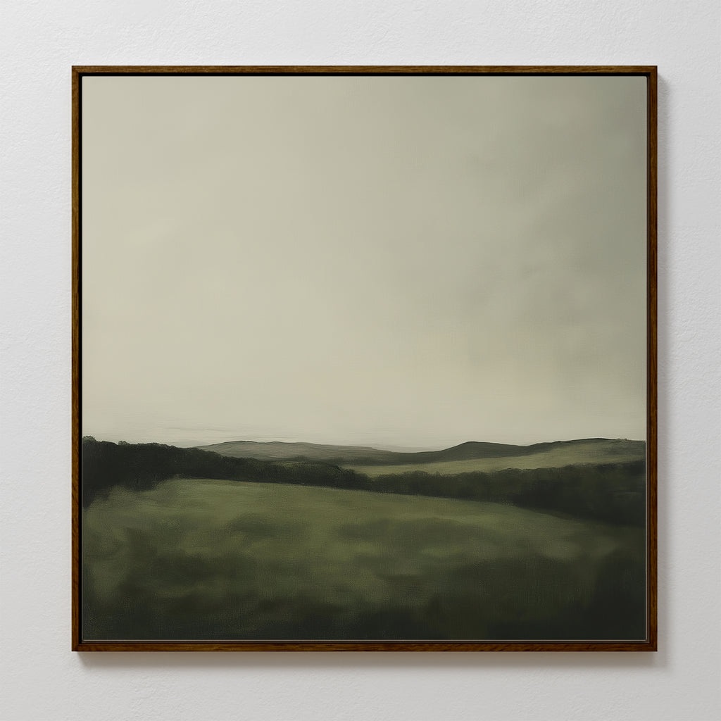 Hills at Dusk Canvas Art is a framed minimalist painting featuring rolling green hills beneath an overcast sky in soft, muted tones—a perfect wall art print to enhance your living room decor.