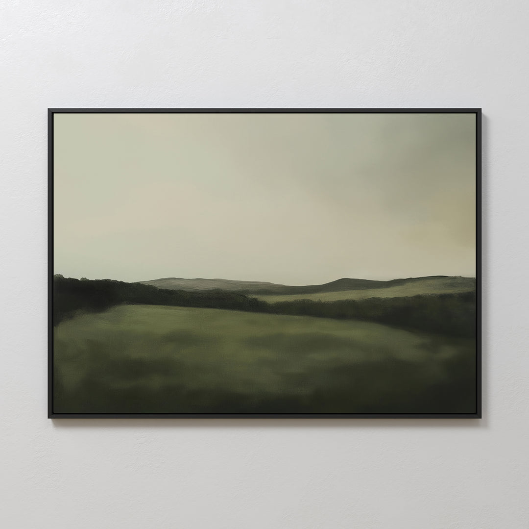 The Hills at Dusk Canvas Art – Horizontal is a framed minimalist wall art print of rolling green hills under an overcast sky, ideal for stylish living room decor.