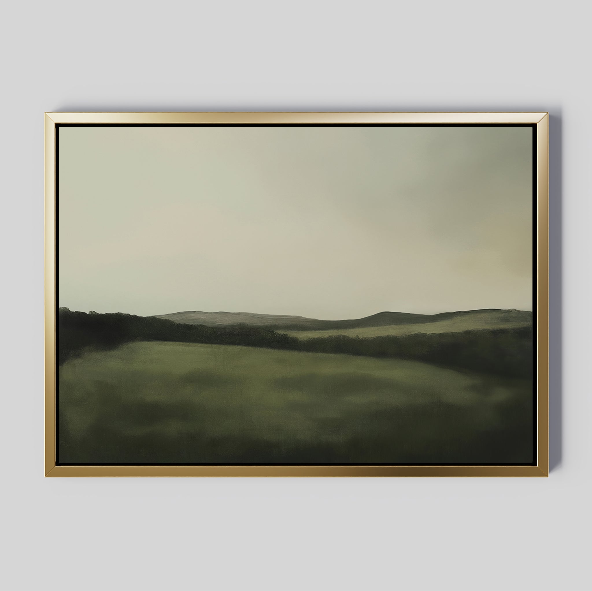 The Hills at Dusk Canvas Art – Horizontal features a minimalist misty landscape with rolling green hills and a cloudy sky in soft, muted tones—ideal for adding peaceful decor to your living room.