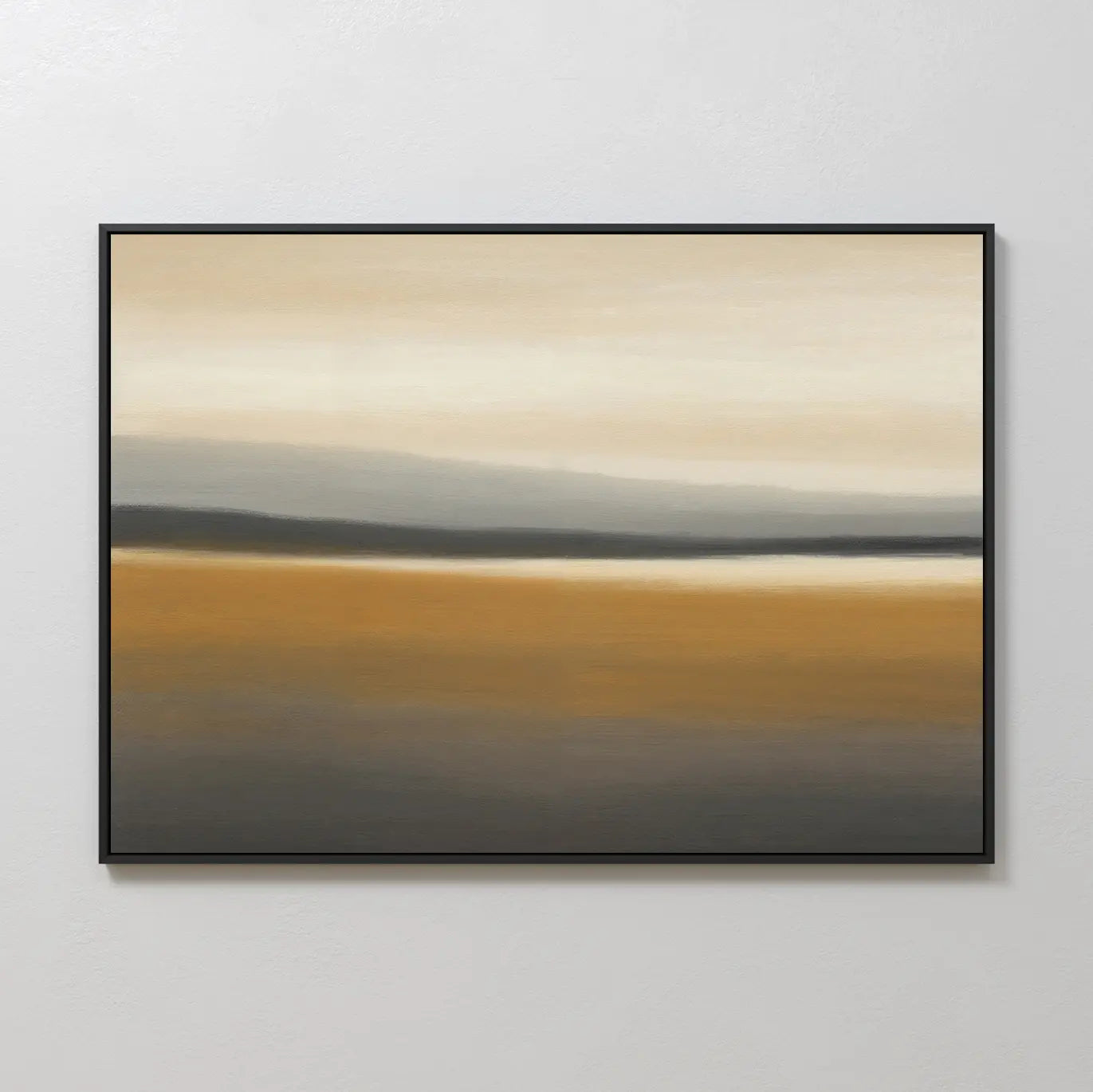 The Honey Mesa Canvas Art features blurred horizontal bands of beige, gray, white, and mustard yellow in a minimalist design, creating a calm landscape effect—ideal for modern home decor on a light gray wall.